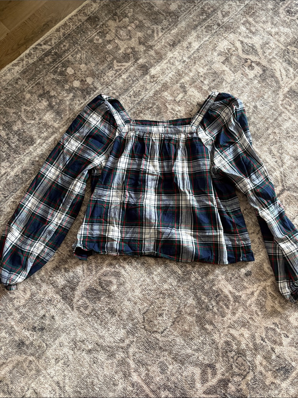 GAP Navy, White & Green Plaid Square-Neck Blouse